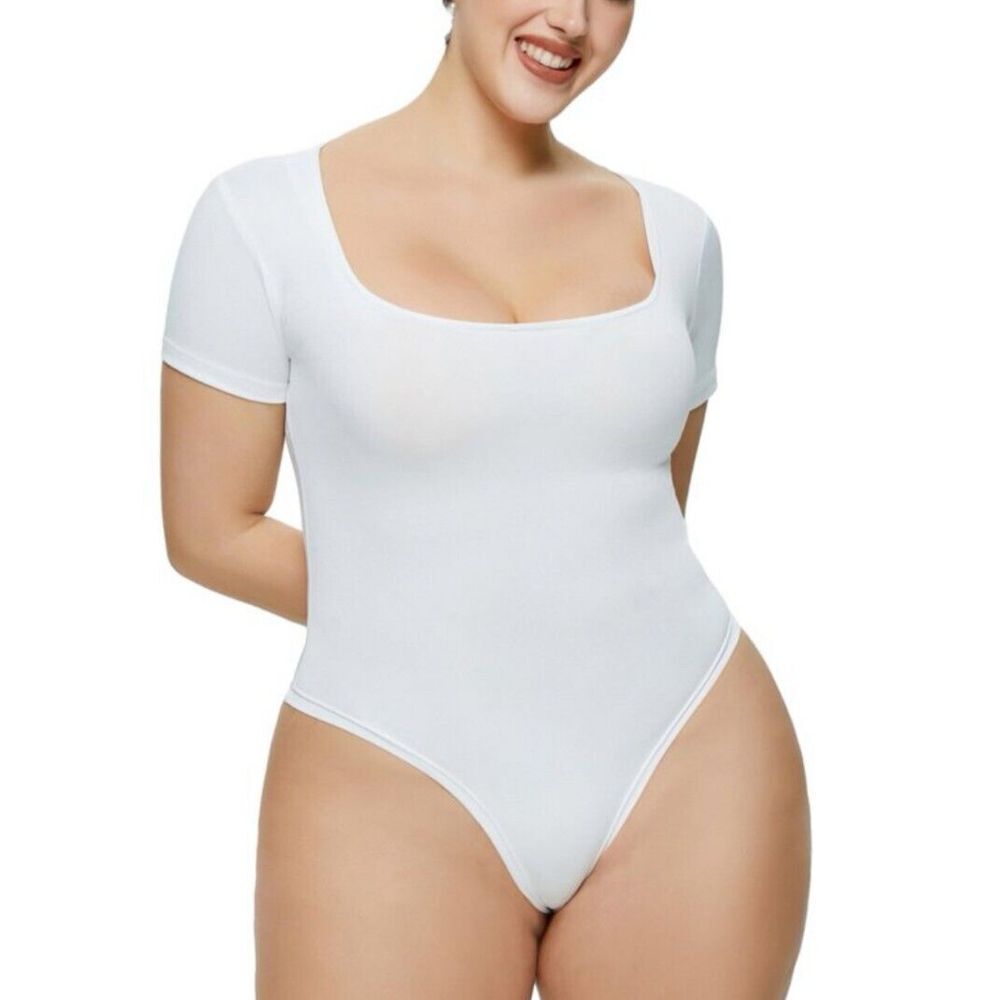 AND NOW‎ THIS Bodysuit Women's XL White Square-Neck Cap Short-Sleeve Stretch